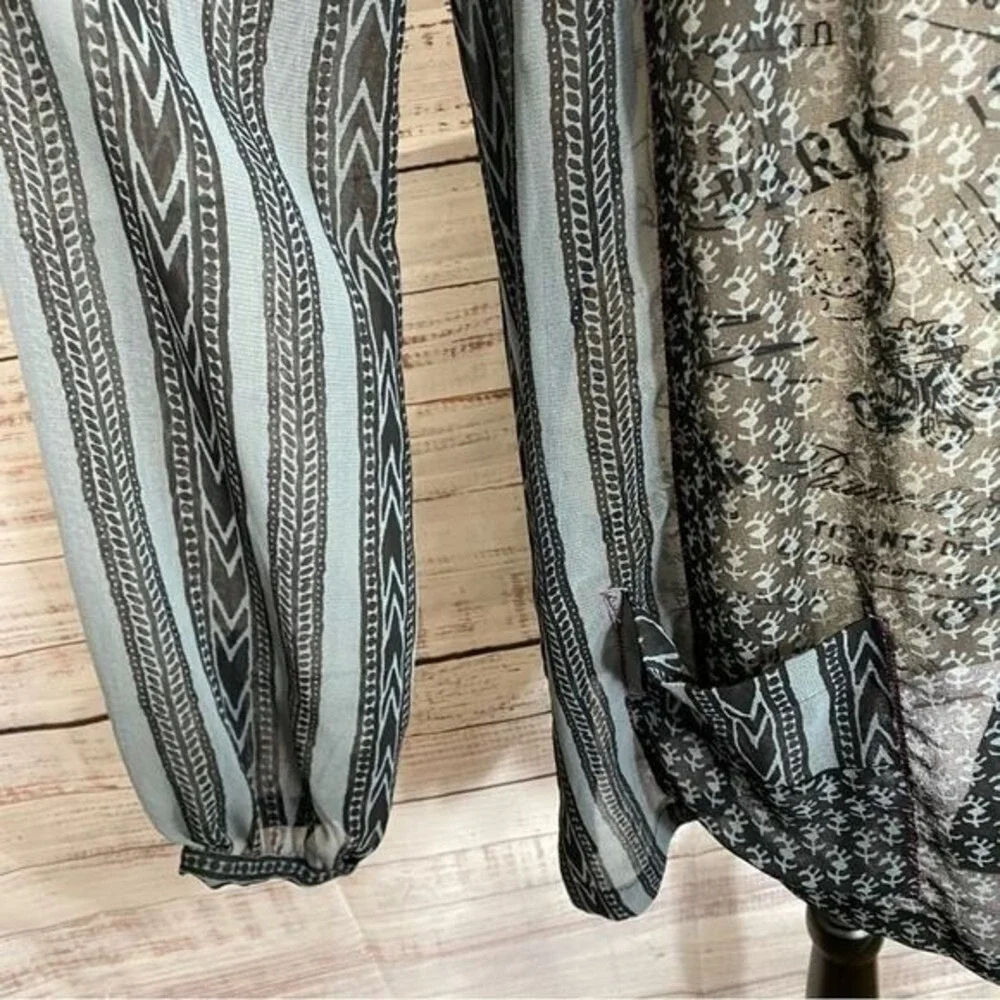 Free People Boho Beaded Embroidered Tunic Blouse Sheer Long Sleeve Print Pockets